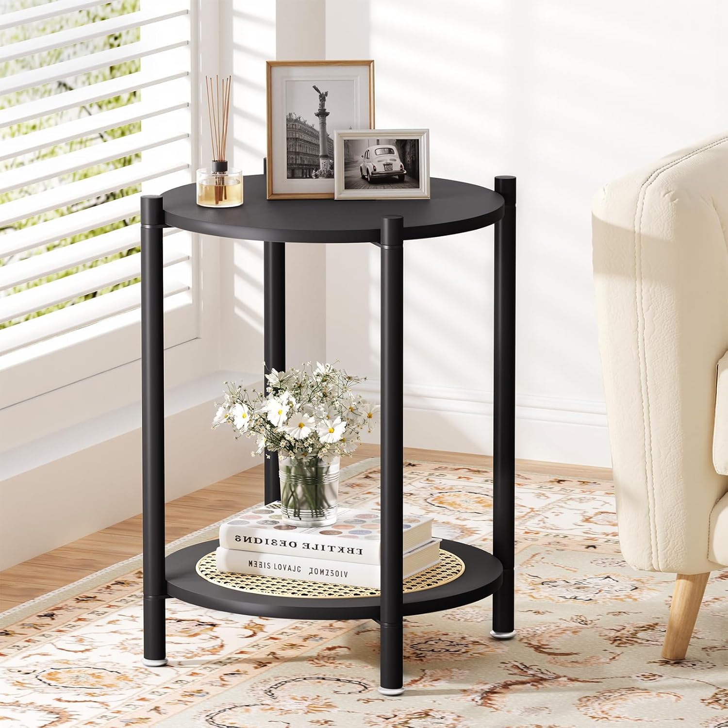 Side Table, End Table Small Round Table Sofa Bedside Table Mini Coffee Accent Table, Farmhouse Wood End Table Stand, Nightstand for Small Spaces, Living Room, Bedroom, Office, Black