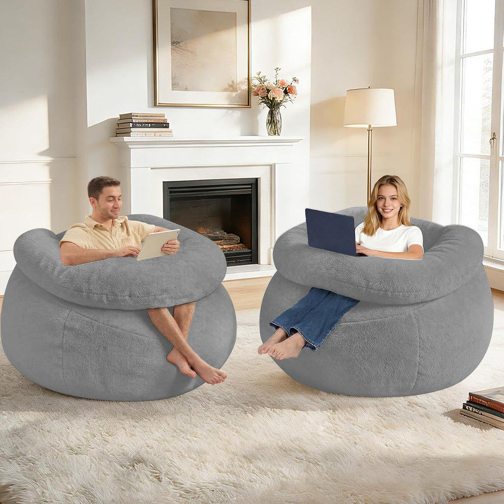 HABUTWAY Giant Bean Bag Chair, Oversized Beanbag Chair with Filler, Ultra Soft Teddy Fleece Bean Bag Lounge Floor Sofa w/U-Shaped Pillow for Gaming, Reading, Light Grey & Light Grey