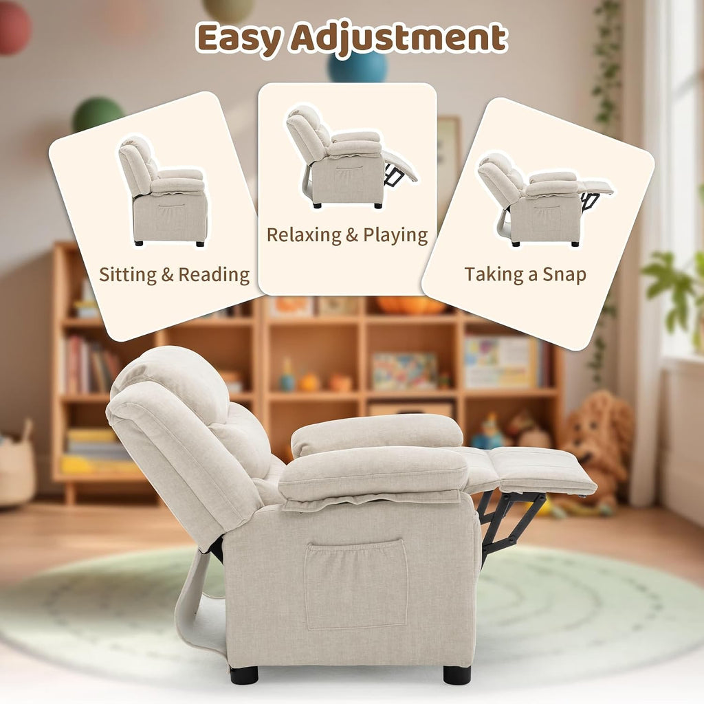 Korser Kids Recliner Chair, Push Back Toddler Recliners with Side Pockets, Child Recliner with Footrest, Cashmere Fabric Kid Chair for Girls Boys Kids Room, Children's Rooms (Beige)