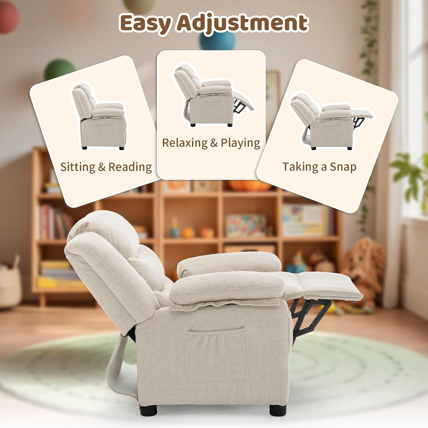 Korser Kids Recliner Chair, Push Back Toddler Recliners with Side Pockets, Child Recliner with Footrest, Cashmere Fabric Kid Chair for Girls Boys Kids Room, Children's Rooms (Beige)