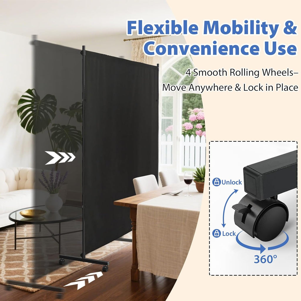 Large Single Panel Room Divider, 73" x 75" Freestanding Privacy Screen with Wheels, Thickened Fabric Partition Wall for Room Separation, Portable Room Separator for Indoor Office, Bedroom,Patio