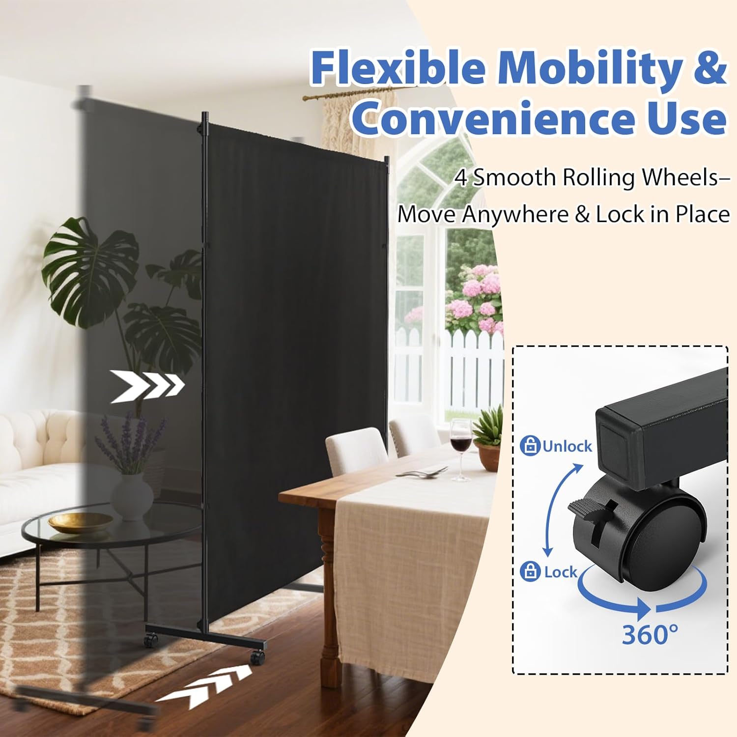 Large Single Panel Room Divider, 73" x 75" Freestanding Privacy Screen with Wheels, Thickened Fabric Partition Wall for Room Separation, Portable Room Separator for Indoor Office, Bedroom,Patio