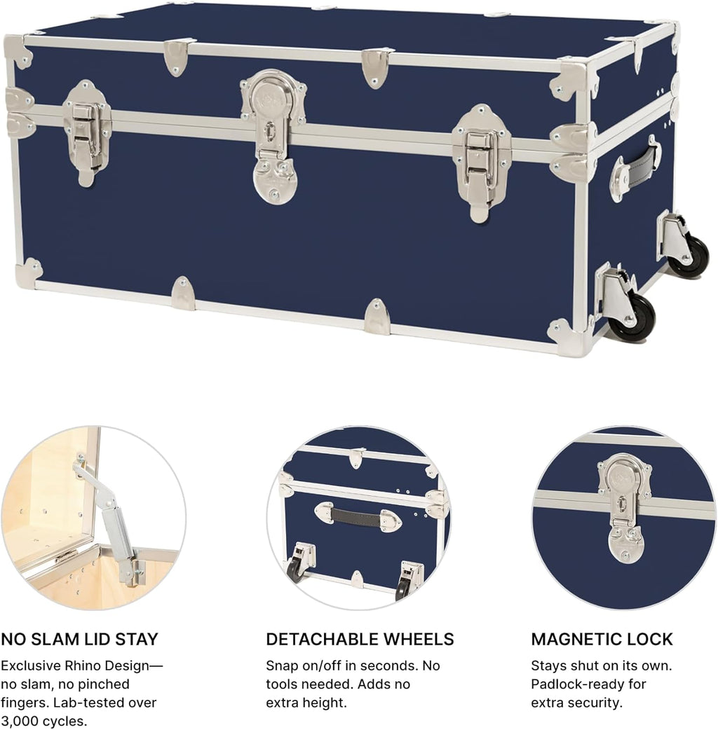 Rhino Trunk & Case Classic Camp & College Trunk with Wheels. 30"x17"x13", 1500+ lbs Capacity - Many Colors, Soft-Close Lid. Strong, USA Made Summer Camp Footlocker and Secure Dorm Storage Chest