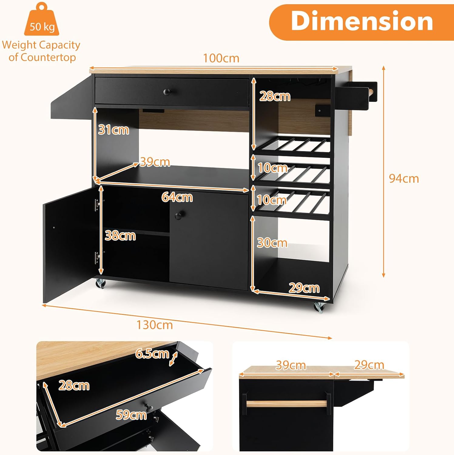 TANGZON Kitchen Island on Wheels, Rolling Kitchen Storage Trolley with Drop Leaf Worktop, Drawer, Wine Rack, Glass Holder, Open & Adjustable Shelf, Utility Bar Serving Cart Sideboard (Black)