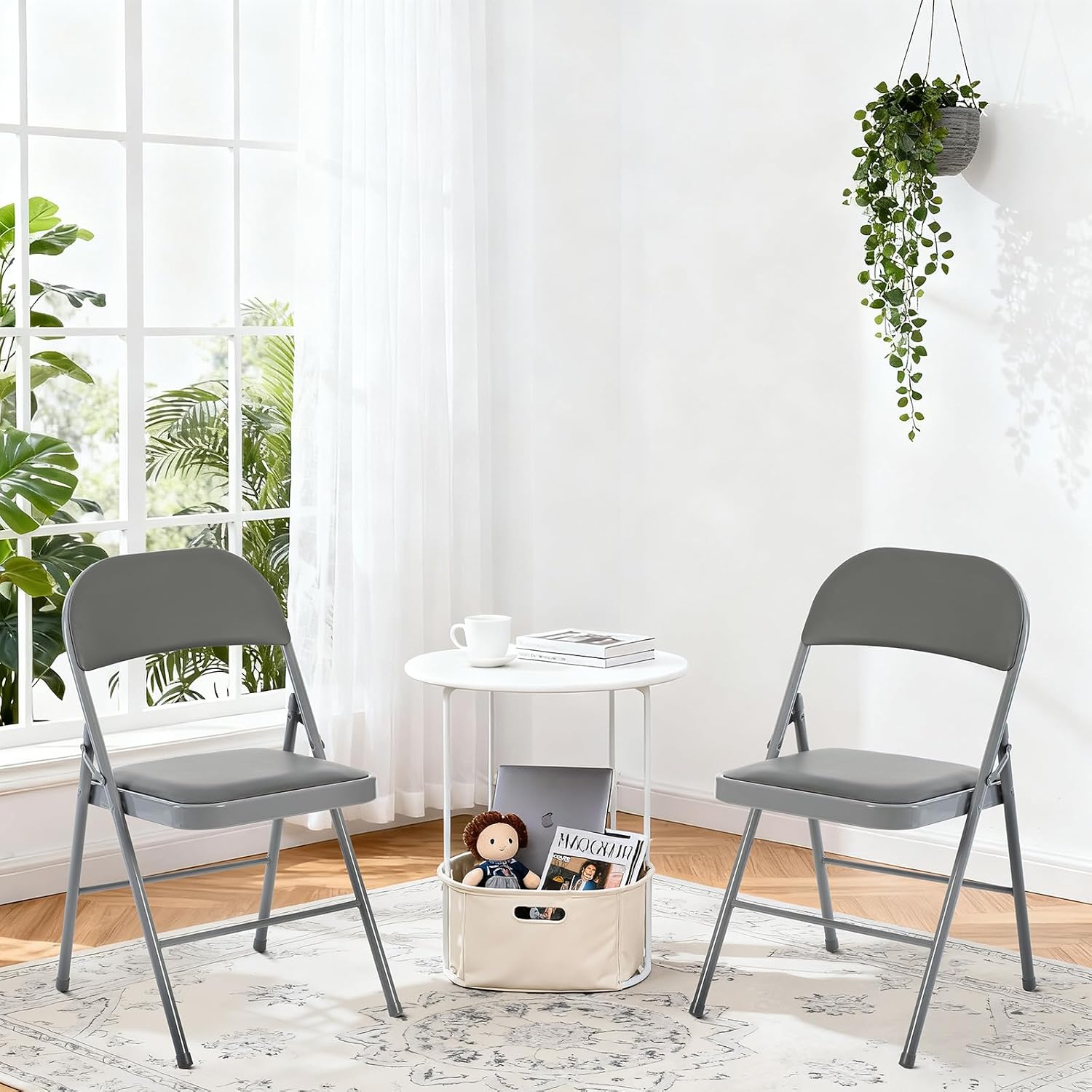 DUMOS 2 Pack Folding Chairs with Padded Cushion and Back - PU Leather Stackable Portable Dining Chairs Set, for Home and Office, Conference, Wedding, Party, Patio, Garden, for Indoor Outdoor, Grey