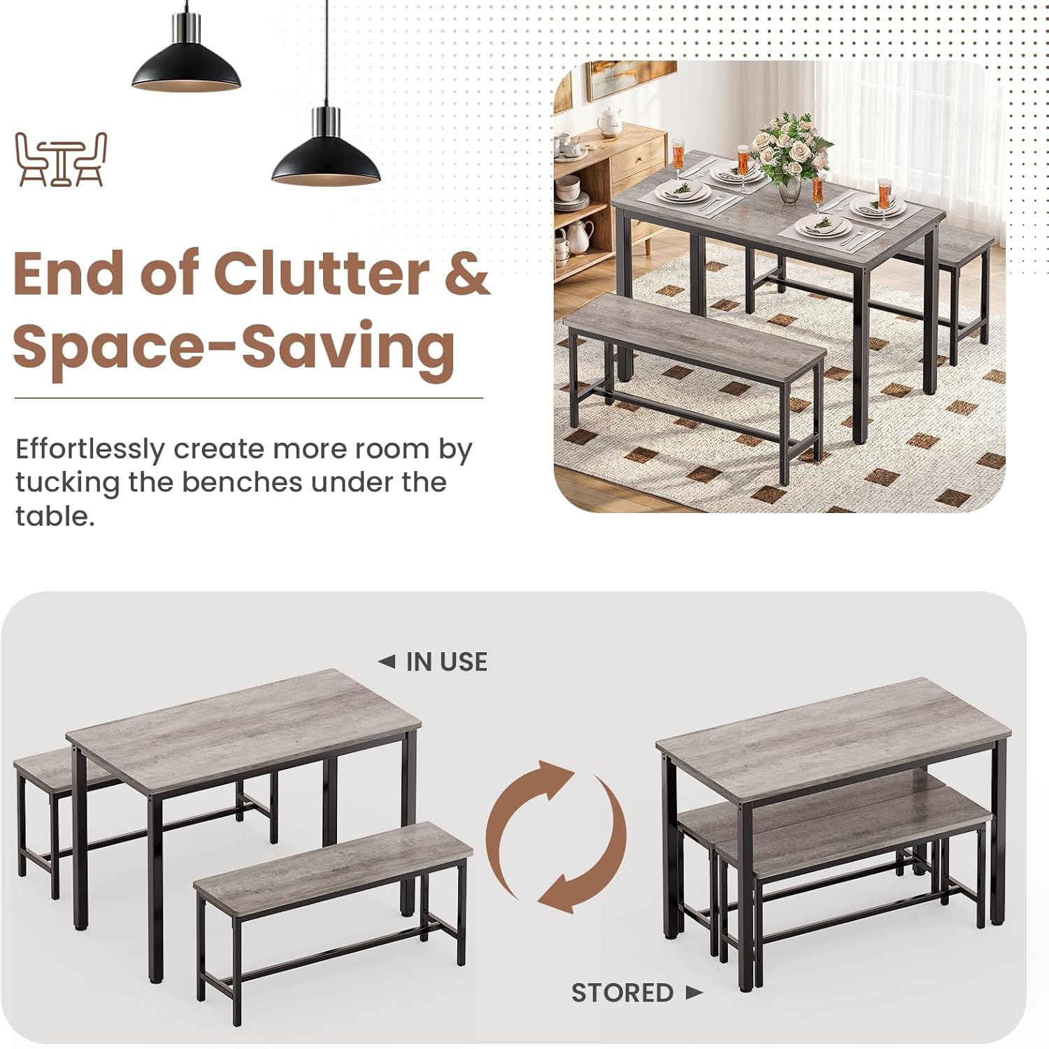 Dining Table Set for 4, Kitchen Table with 2 Benchs, Modern Functional 3-Piece Dining Room Table for Apartment Breakfast Nook and Samll Space, Grey