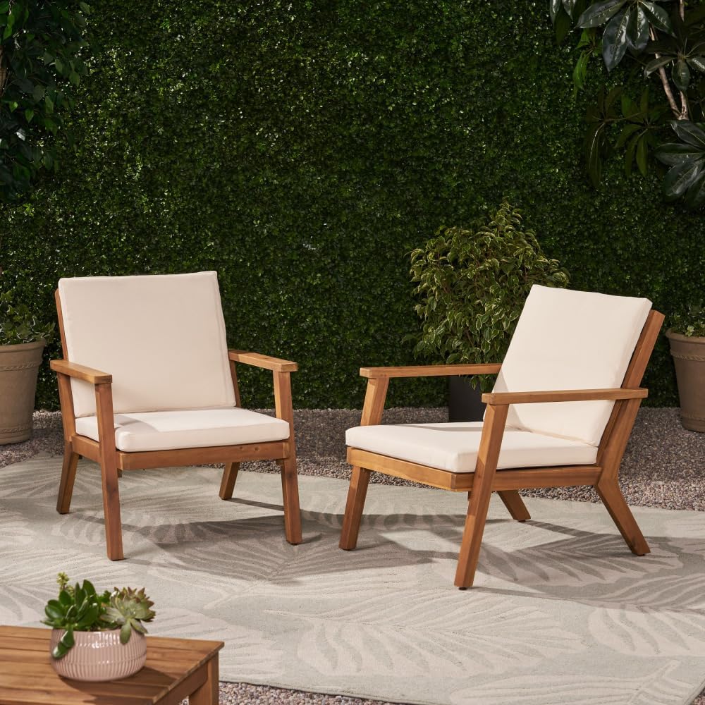 Saiveina Outdoor Acacia Wood Club Chairs with Cushions (Set of 2)