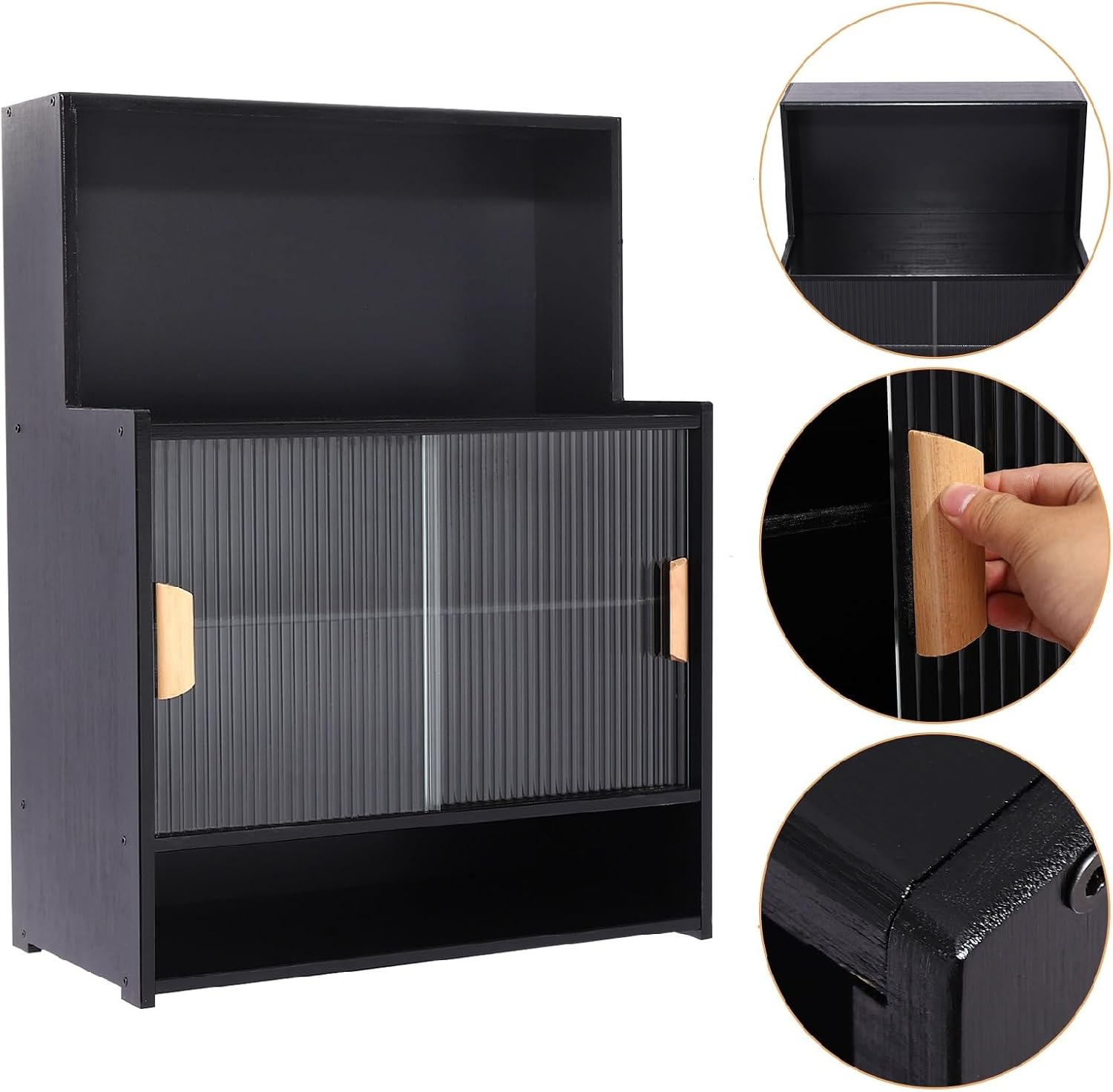 Countertop Kitchen Pantry - 3 Tier Bamboo Sideboard with Sliding Glass Doors, Dining Cupboard Storage Cabinet for Spices and Seasoning Bottles