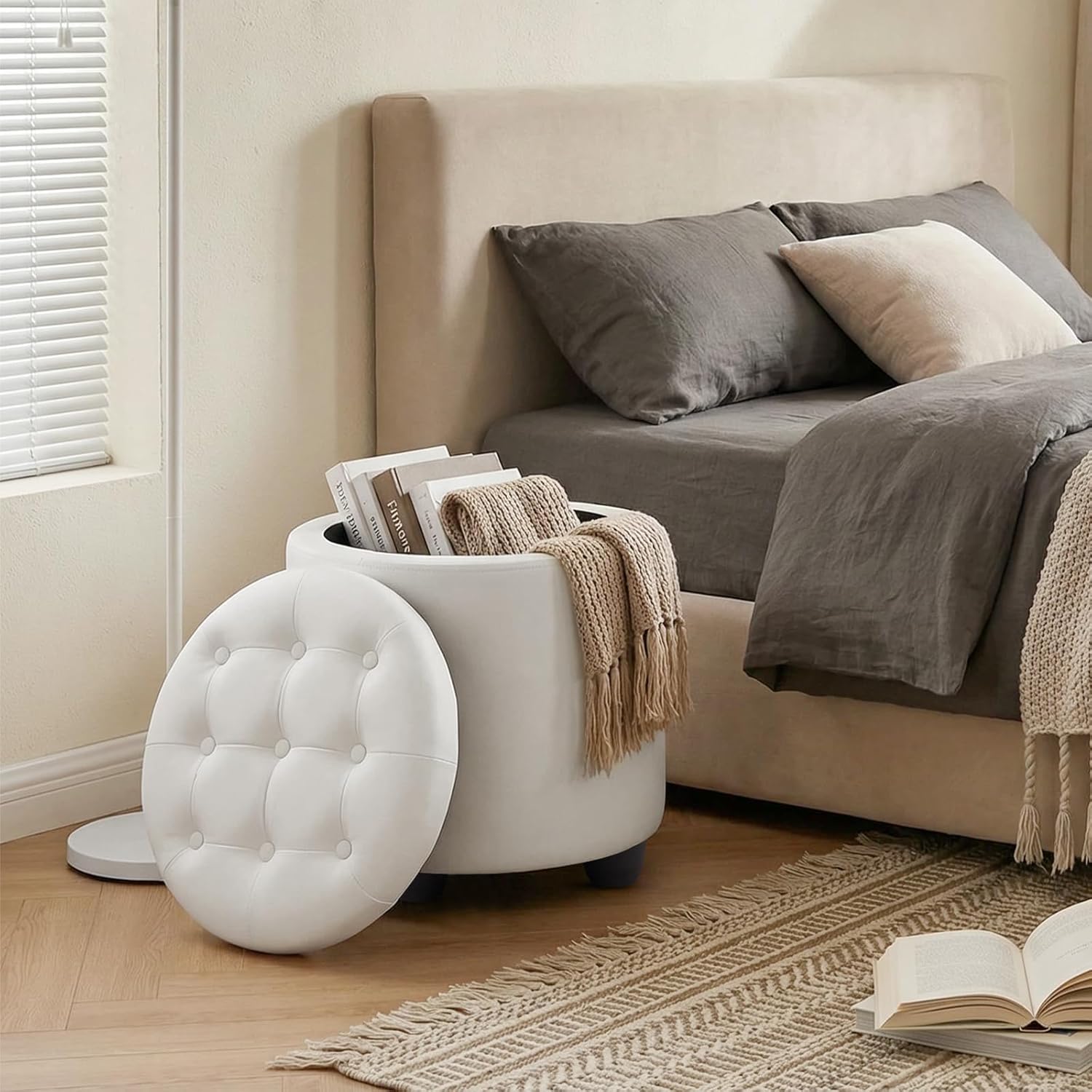 Furniliving Upholstered Button Tufted Round Ottoman, PU Storage Ottoman Round, Removable Lid Convenient Footstools, Classic Ottoman with Storage for Vanity, Nursery Room，IvoryWhite