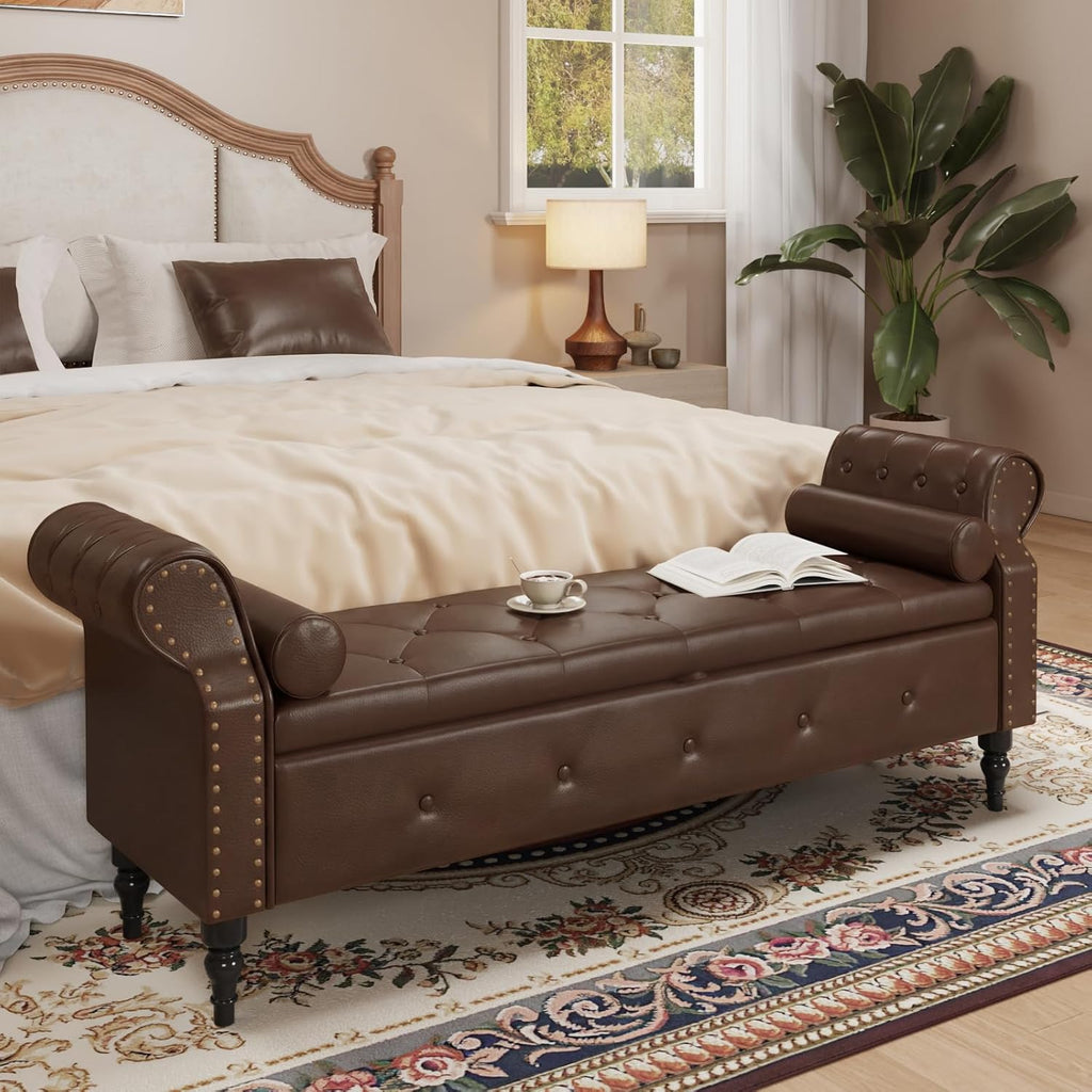 FiveWillowise 65" End of Bed Storage Bedroom Bench with Storage,Faux Leather Storage Ottoman Bench with Rolled Arms and Nailhead Trim for King Size End of Bed,Entryway,Living Room,Chocolate