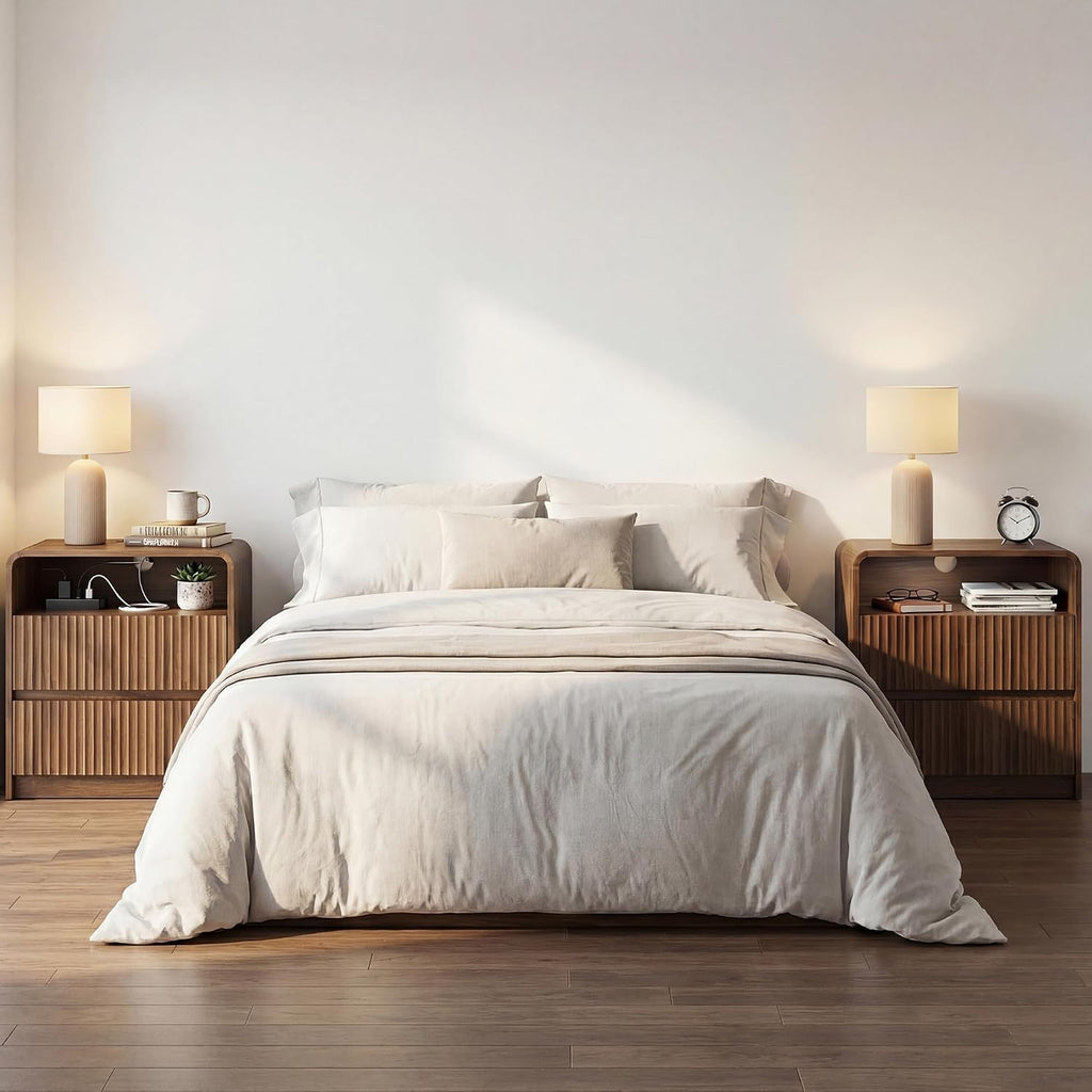 Seang Nightstand Set of 2,Fluted Nightstand with Charging Station & LED Light,Wooden Bedside Table with Curved Profile Design,2 Drawers Storage,Large End Table for Bedroom,Walnut