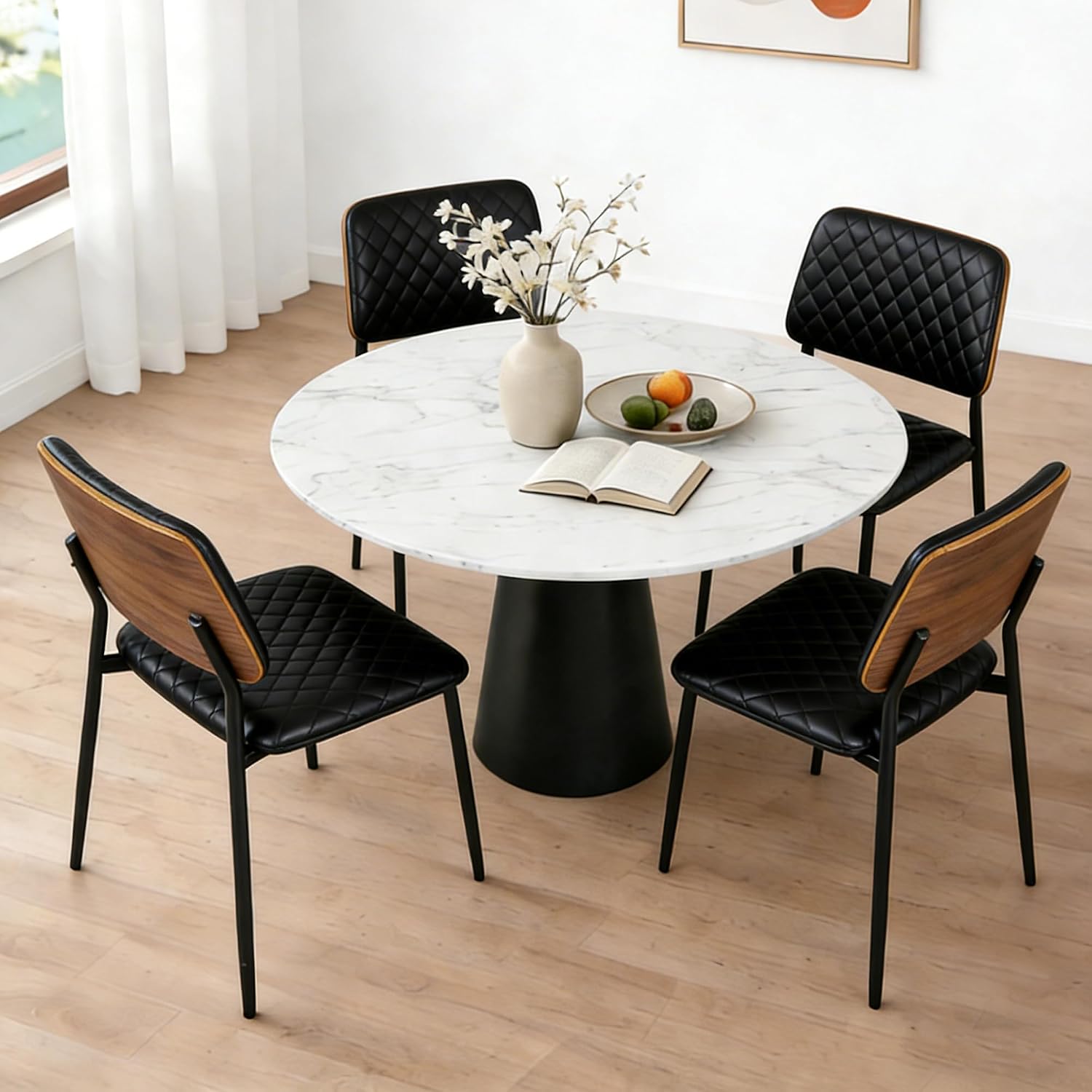 AODAILIHB Mid Century Modern Kitchen Chairs Set of 2, PU Leather Upholstered Dining Chairs with Walnut Bentwood Back, Sturdy Metal Legs & Adjustable Feet, Black