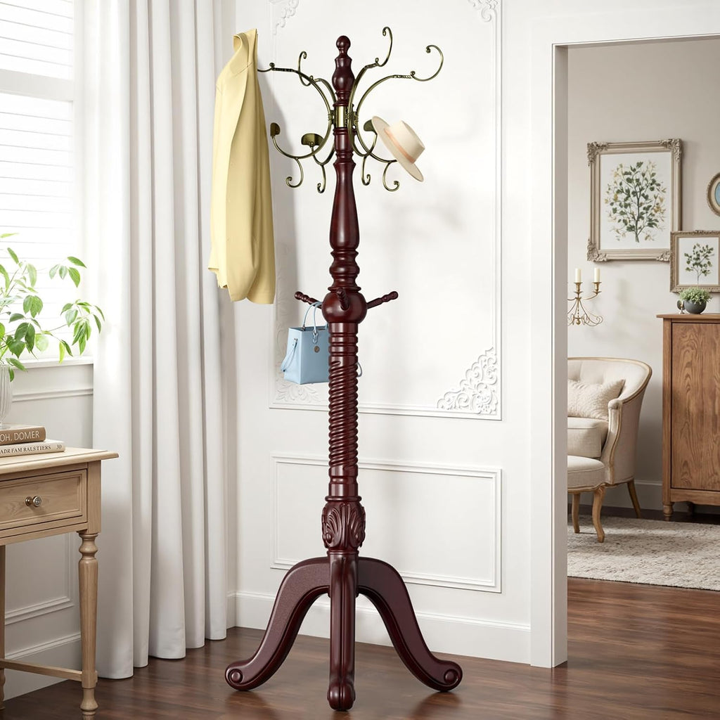 Solid Wood Freestanding Coat Rack, 15 Hooks (12 Metal+3 Wood) Heavy Duty Coat Tree with Triangle Base, 220LBS Load, 78 Inch Tall Walnut Hall Tree for Entryway Bedroom Office