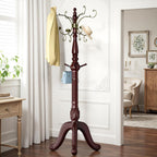 Solid Wood Freestanding Coat Rack, 15 Hooks (12 Metal+3 Wood) Heavy Duty Coat Tree with Triangle Base, 220LBS Load, 78 Inch Tall Walnut Hall Tree for Entryway Bedroom Office