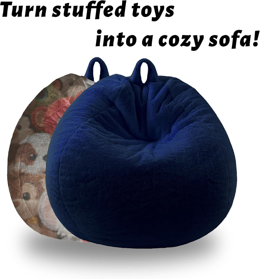 Faux Fur Bean Bag Cover (No Filler) Stuffed Animal Storage Adults Dark Blue | Bean Bag Covers Large Bean Bag Sofa for Adults, furry fuzzy surface,for living room bedroom holiday gift