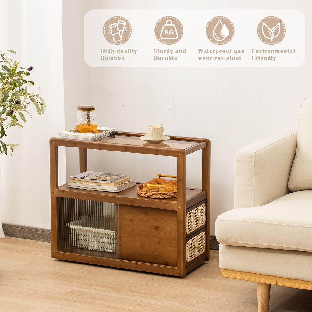 latifolia Bamboo Side Table with Rattan Drawer and Glass Top, Mid-Century Modern Nightstand with Storage, Space-Saving End Table for Bedroom, Living Room, Walnut