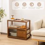 latifolia Bamboo Side Table with Rattan Drawer and Glass Top, Mid-Century Modern Nightstand with Storage, Space-Saving End Table for Bedroom, Living Room, Walnut