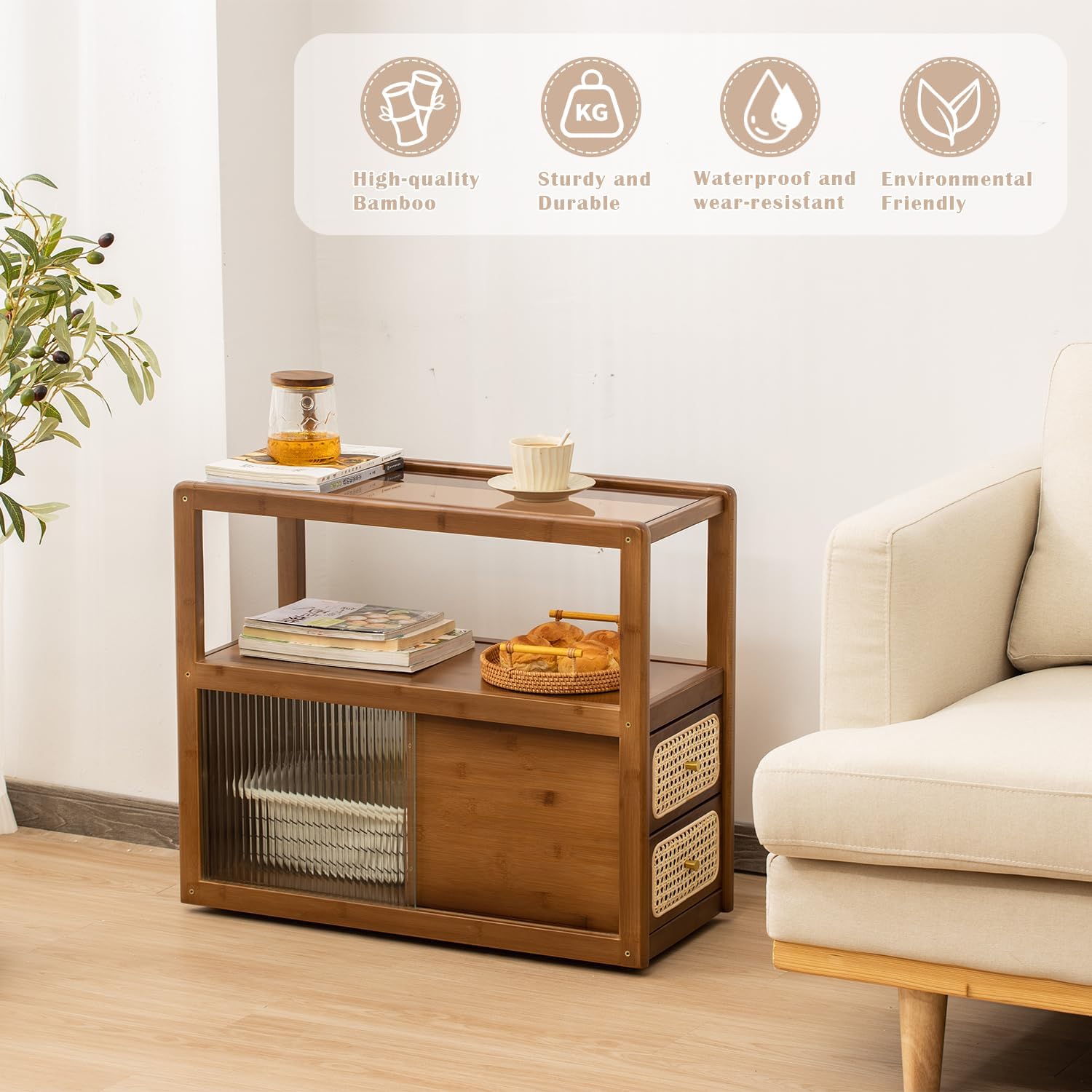 latifolia Bamboo Side Table with Rattan Drawer and Glass Top, Mid-Century Modern Nightstand with Storage, Space-Saving End Table for Bedroom, Living Room, Walnut