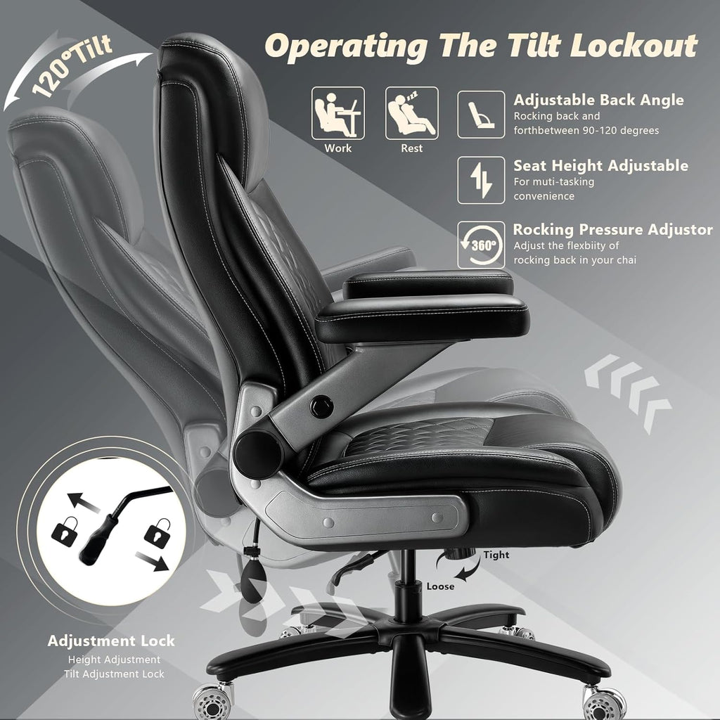 650LBS Big and Tall Office Chair with 5D Flip Arms and Thick Pocket Spring Cushion, Extra Wide Heavy Duty Office Chair & Adjustable Lumbar Support, Large High Back Computer Chair Dual Rubber Wheel