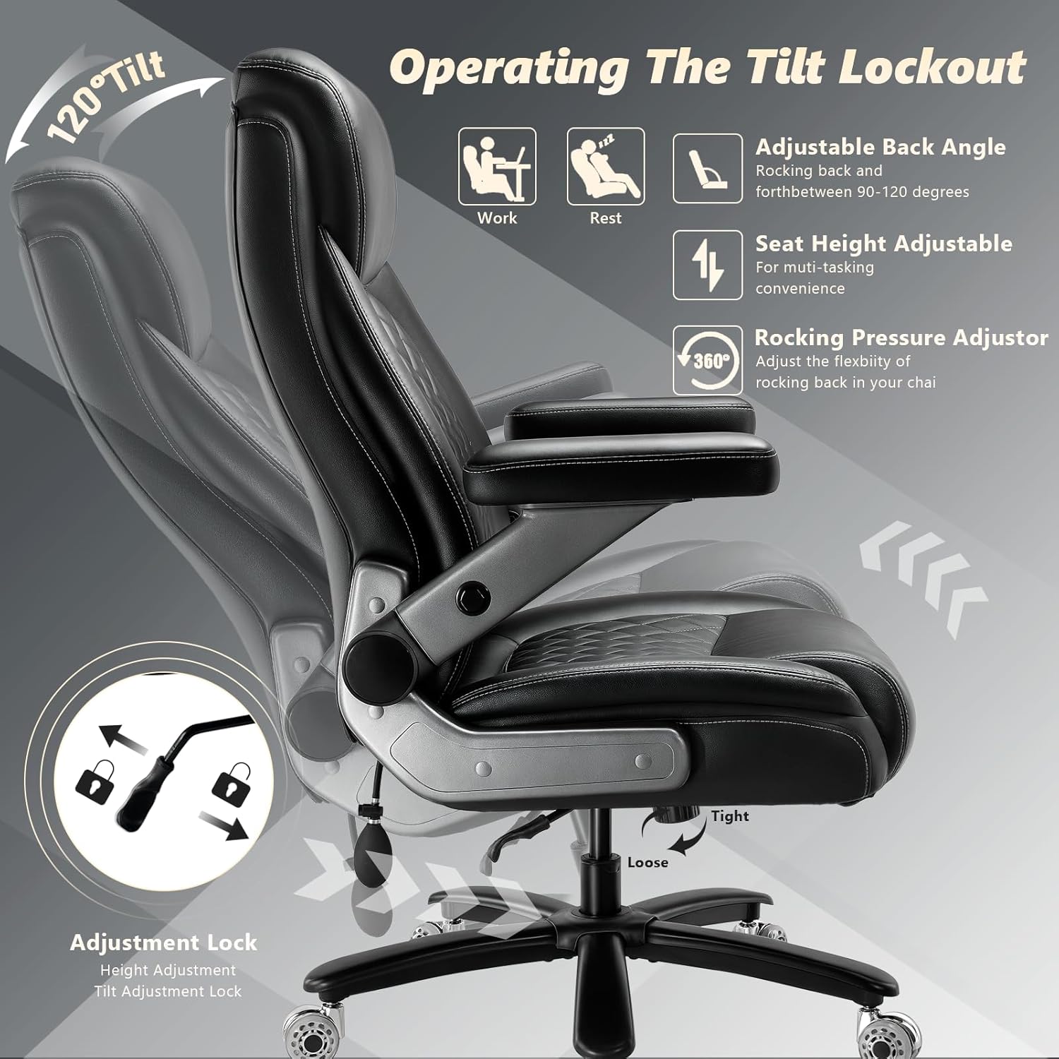 650LBS Big and Tall Office Chair with 5D Flip Arms and Thick Pocket Spring Cushion, Extra Wide Heavy Duty Office Chair & Adjustable Lumbar Support, Large High Back Computer Chair Dual Rubber Wheel