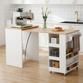 EROMMY 52" Extendable Kitchen Island with Faux Marble Top, Rolling Kitchen Cart with Pull-Out Dining Table, Spice Rack, Towel Bar, Mobile Breakfast Bar Station with Storage for Small Space (White)