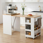 EROMMY 52" Extendable Kitchen Island with Faux Marble Top, Rolling Kitchen Cart with Pull-Out Dining Table, Spice Rack, Towel Bar, Mobile Breakfast Bar Station with Storage for Small Space (White)