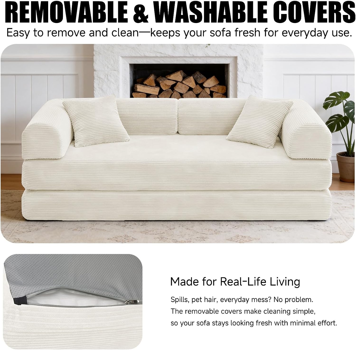 79" Corduroy Sofa Bed, Boneless Couch in a Box with 2 Pillows, High-Density Foam 4-in-1 Foldable Sleeper Futon Loveseat for Small Spaces, No Assembly, Side Pockets, Hex Arm White