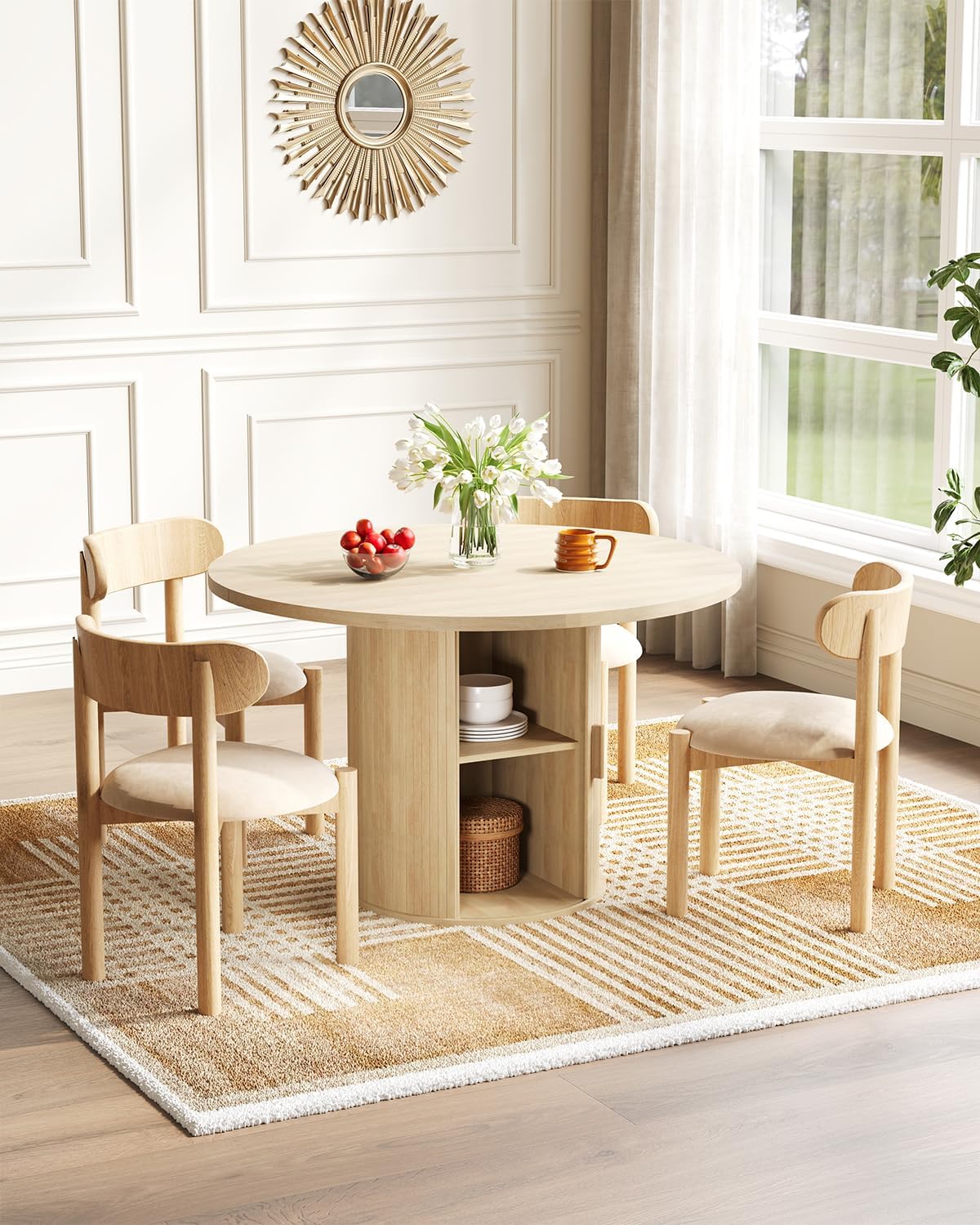 LINLUX 47-inch Round Dining Table with Storage, Modern Fluted Design Side Shelf for Dining Room, Kitchen, Perfect for 4-6 People (Natural Wood)