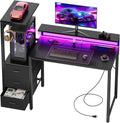 HLDIRECT 44 inch Gaming Desk with 3 Fabric Drawers & Side Hooks-Reversible Home Office Computer Desk with Power Outlets & Led Lights, Gamer Desk Table with Monitor Stand, Black