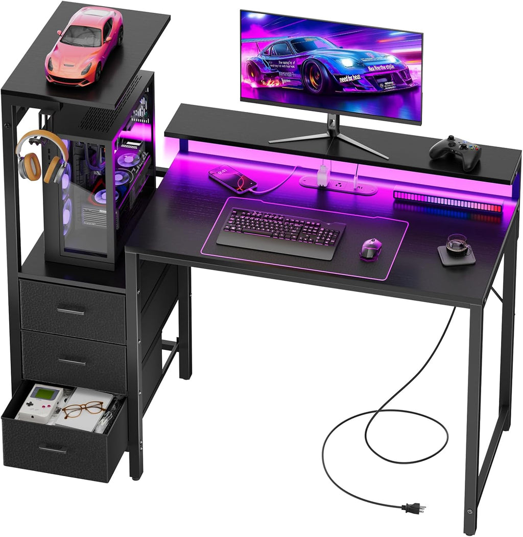 HLDIRECT 44 inch Gaming Desk with 3 Fabric Drawers & Side Hooks-Reversible Home Office Computer Desk with Power Outlets & Led Lights, Gamer Desk Table with Monitor Stand, Black