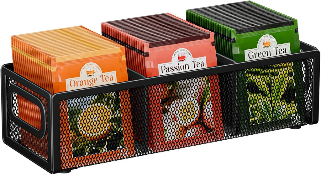 Tea Bag Organizer, Mesh Tea Bag Holder with Handle, Teabag Holder, Tea Station Organizer for Countertop, Pantry, Kitchen, Cabinet - Black