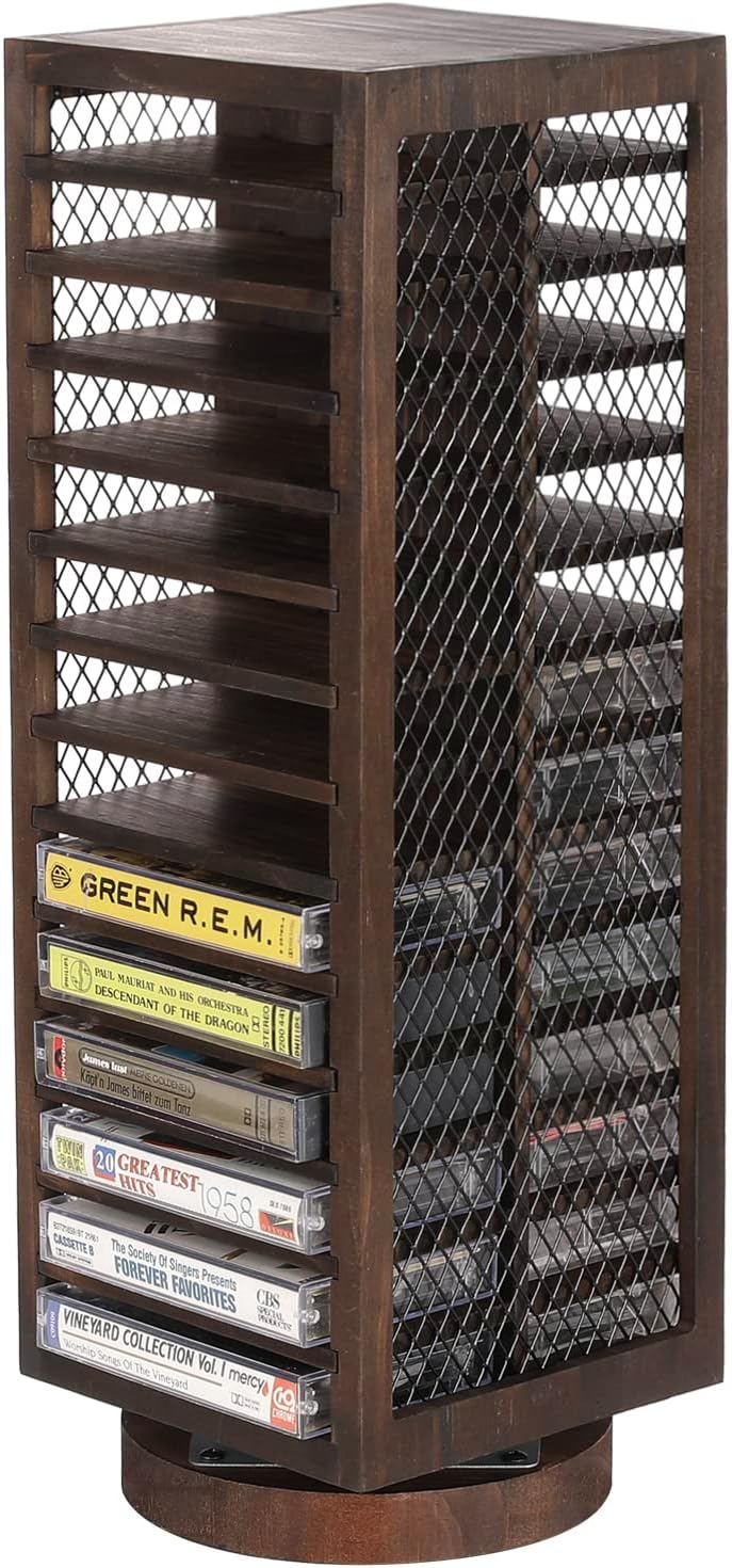 FARM IN Cassette Tape Storage, 360-Degree Rotatable Design Farmhouse Style Cassette Rack Tower, Double-Sided 28-Slot, Rustic Solid Burnt Wood & Diamond Metal Wire Mesh