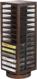 FARM IN Cassette Tape Storage, 360-Degree Rotatable Design Farmhouse Style Cassette Rack Tower, Double-Sided 28-Slot, Rustic Solid Burnt Wood & Diamond Metal Wire Mesh