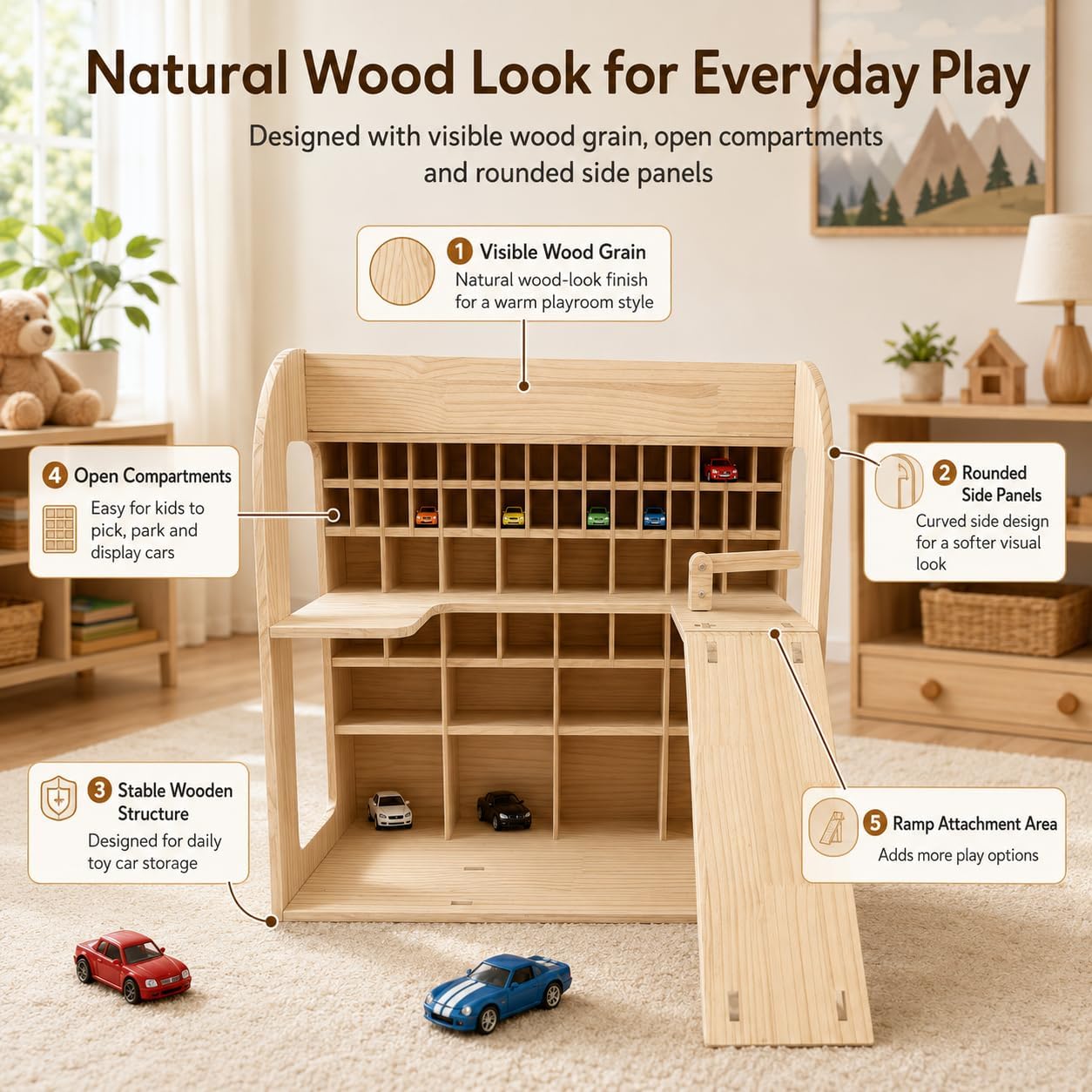Wooden Toy Car Garage, Pine Wood Parking Garage with Ramp, Kids Vehicle Storage Organizer, Multi-Level Display Shelf for Playroom, Gift for Boys and Girls