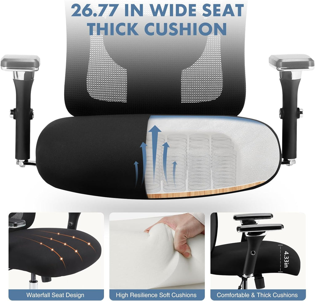 DUMOS Big and Tall Office Desk Chair with Lumbar Support, 500lbs Heavy Duty Mesh Ergonomic Computer Chair with 4D Armrest and Wide Comfy Seat, Swivel Wheels for Adult, Black