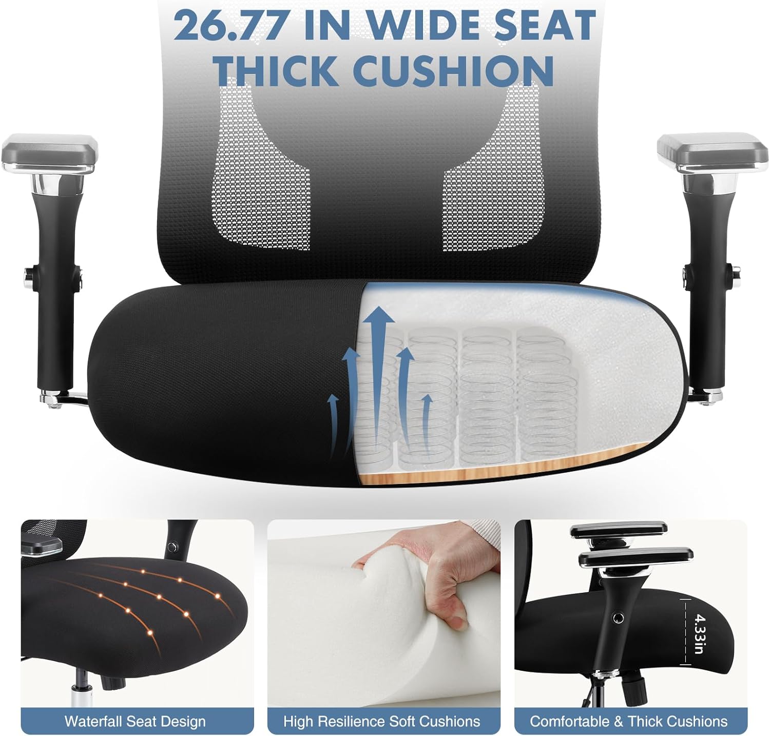 DUMOS Big and Tall Office Desk Chair with Lumbar Support, 500lbs Heavy Duty Mesh Ergonomic Computer Chair with 4D Armrest and Wide Comfy Seat, Swivel Wheels for Adult, Black
