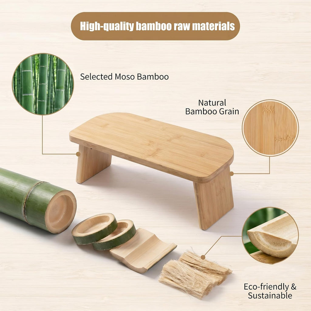Adjustable Bamboo Meditation Bench with Carry Bag, Foldable Kneeling Yoga Stool, Removable Velvet Cushion, Ergonomic Prayer Seat for Meditation, Yoga, Prayer, Zen Practice (Gray-blue1)