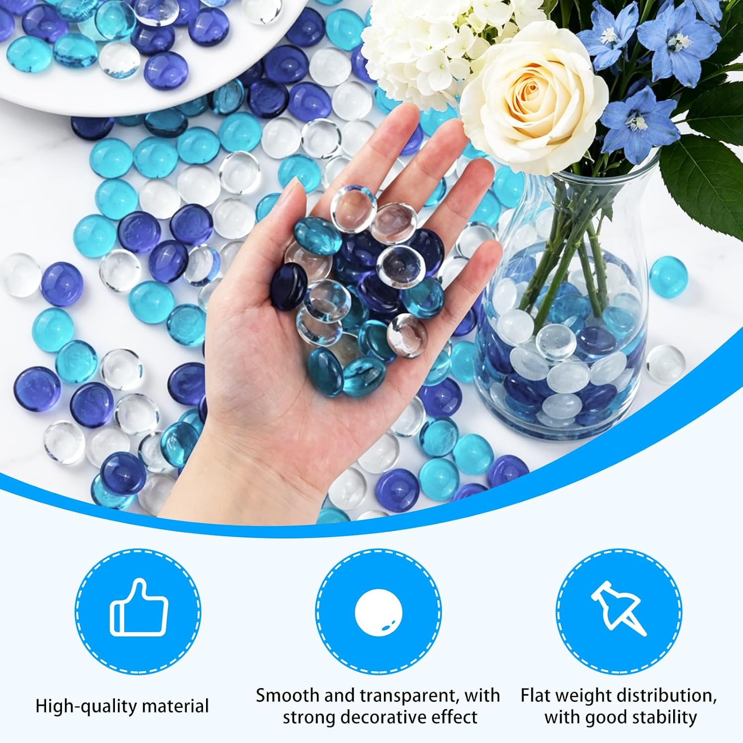 3 lb Flat Glass Marbles for Home Decor, Blue Mixed Glass Gems | 300-320 pcs, Glass material, light-reflecting decor, homeowners & crafters,vase filler, fish tanks, weddings;