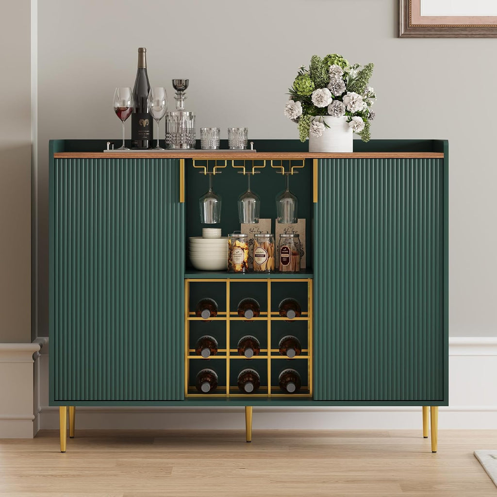 ARTPOWER 48" Wine Bar Cabinet with Fluted Texture, Modern Buffet Sideboard with Wine Rack and Glass Holder, Liquor Coffee Station with Storage for Kitchen, Living Room, Home Bar, Green