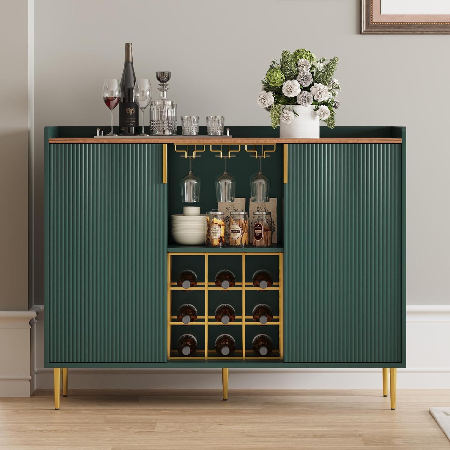 ARTPOWER 48" Wine Bar Cabinet with Fluted Texture, Modern Buffet Sideboard with Wine Rack and Glass Holder, Liquor Coffee Station with Storage for Kitchen, Living Room, Home Bar, Green