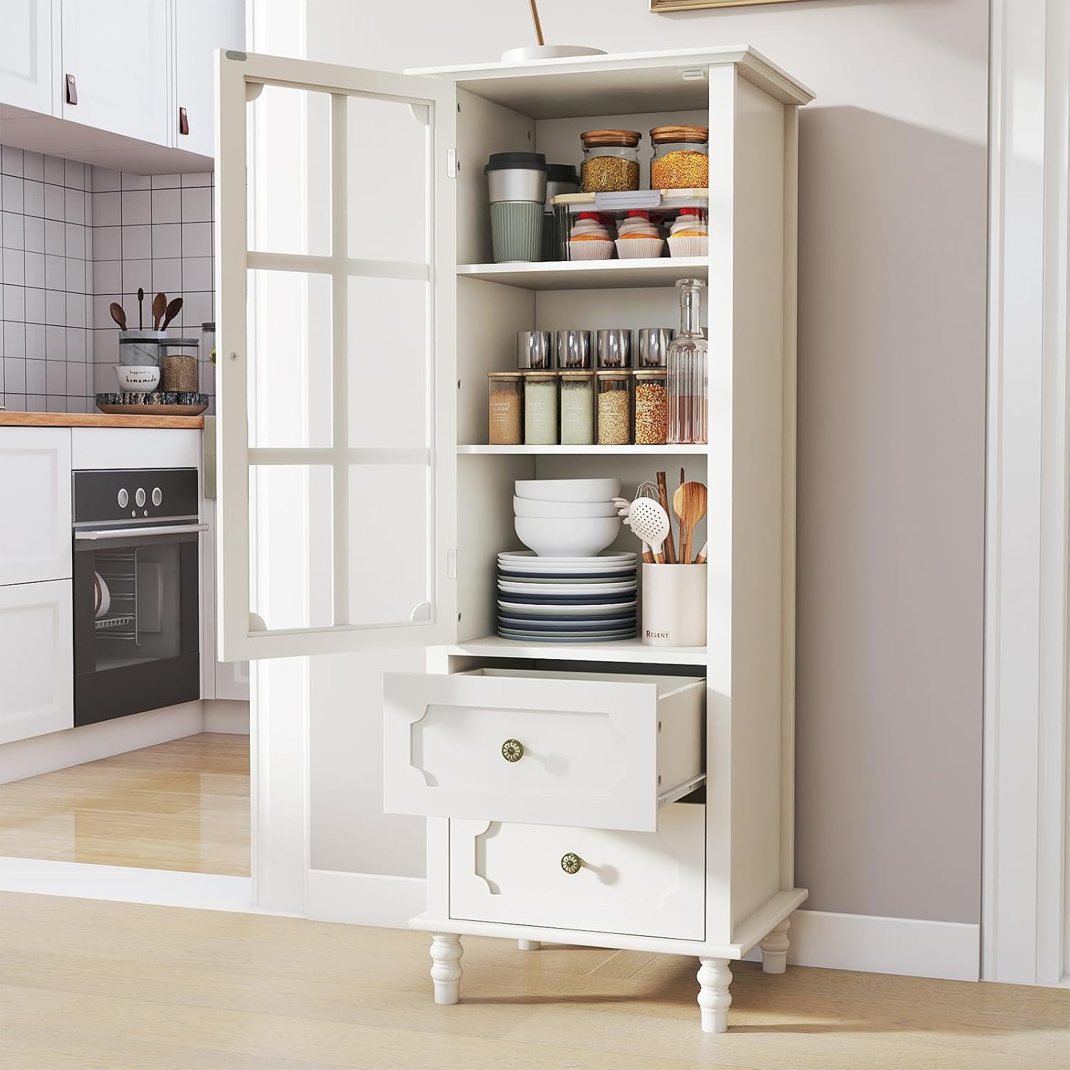Tall Narrow Sideboard Buffet Cabinet with Storage, 52" Kitchen Pantry Storage Cabinet with 2 Glass Doors and 2 Drawer, Coffee Bar Unit Display Hutch (Creamy White)
