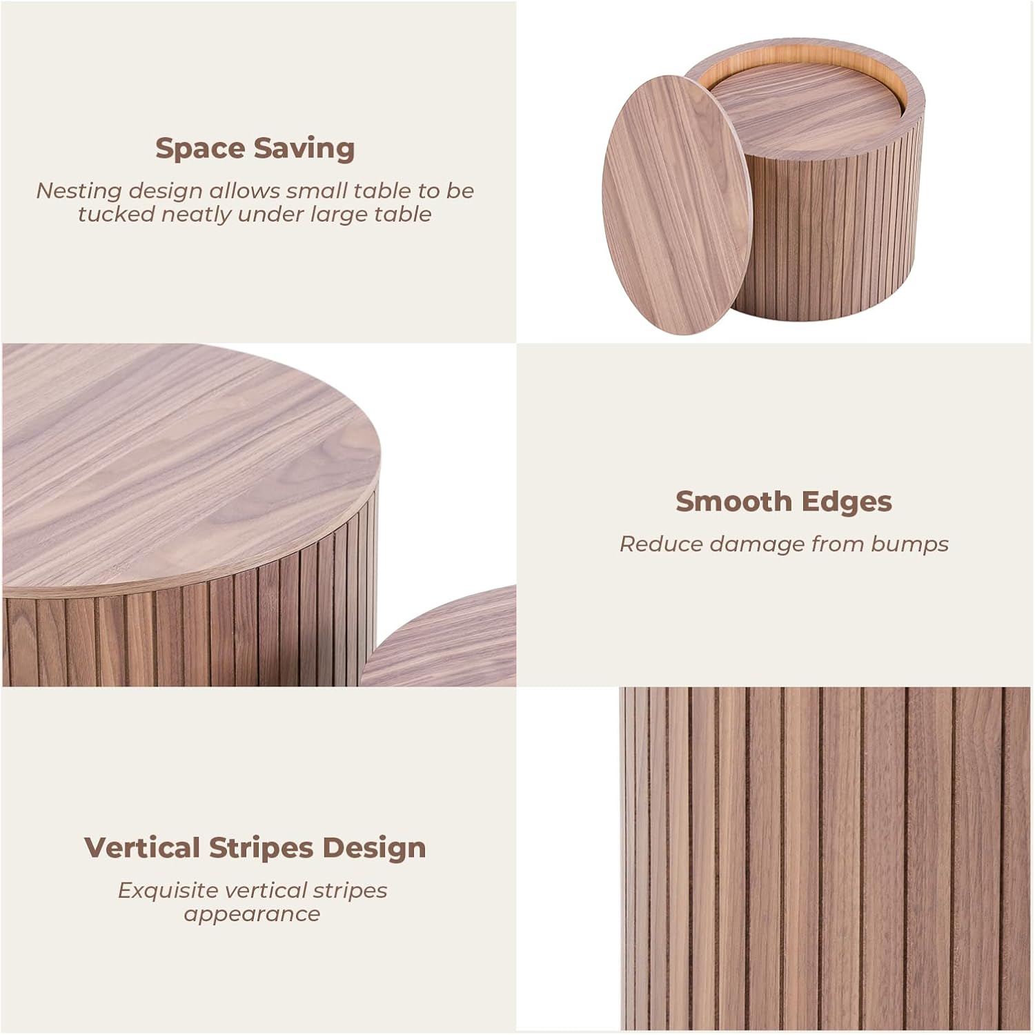 Nesting Coffee Table Set of 2 Modern Round Coffee Tables End Table with Storage Natural Wood Veneer for Living Room Apartment Small Space (Walnut, 19 Inch)