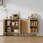 Modern Fluted Sideboard Buffet Cabinet with Storage, 31.5" Slim Wood Accent Credenza Console with Doors and Adjustable Shelves, Mid Century Narrow Storage Cabinet for Living Room, Hallway Kitchen Oak