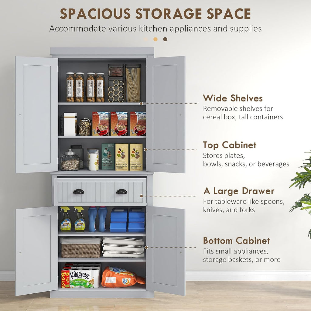 Pantry Storage Cabinet, 72" Traditional Freestanding Cabinet with 4 Doors and 3 Adjustable Shelves, Kitchen Large Central Drawer