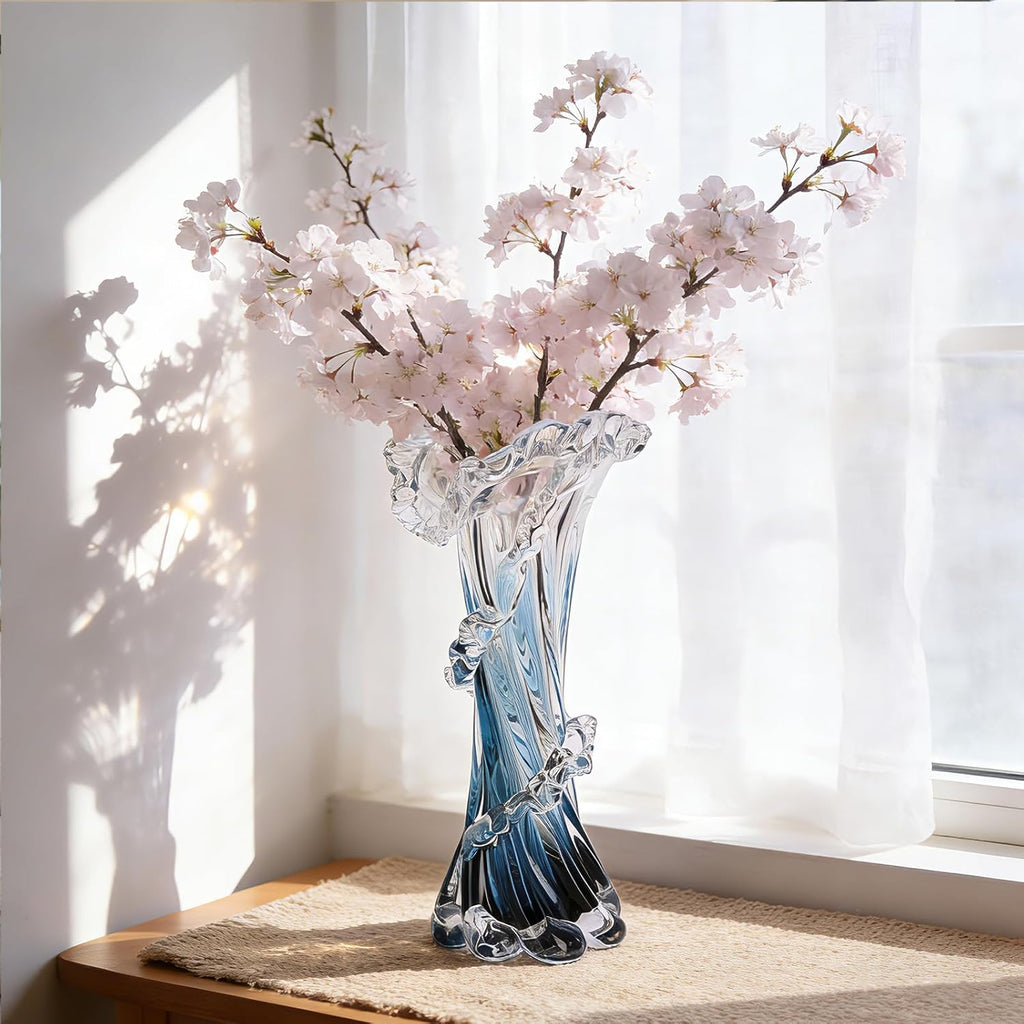 Hand Blown Blue Glass Vase, Unique Art Beautiful Ocean Glass Vase for Coastal Home Decor, Coffee Table, Living Room, Office Decor - 11.8" H(Large)