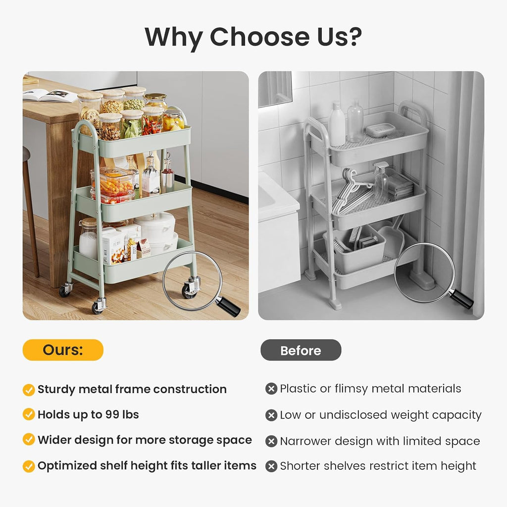 DUMOS 3 Tiers Metal Rolling Utility Cart with Lockable Wheels, Mobile Storage Organizer, Utility Shelving Unit for Kitchen, Office, Bathroom, Laundry, Narrow Places, Light Green