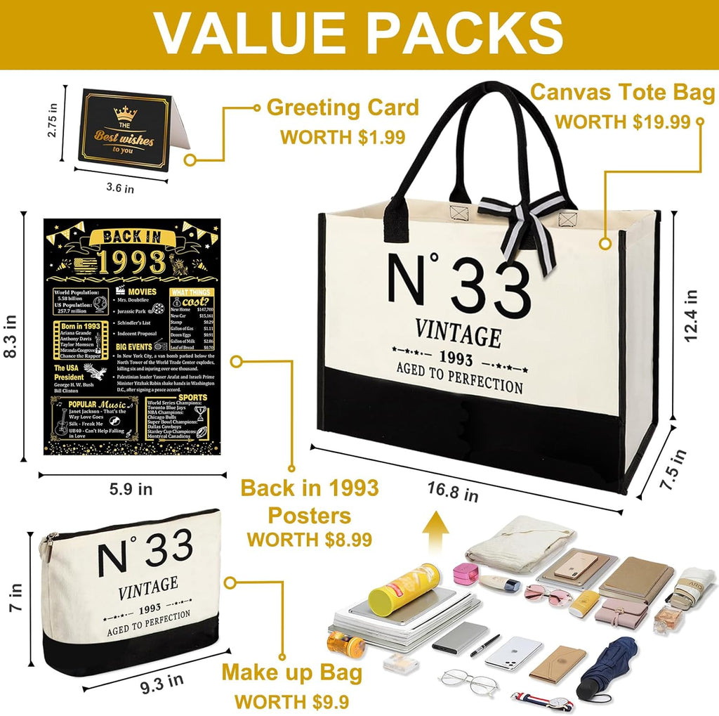 YeohJoy 33rd Birthday Gifts for Women Canvas Tote Bag Travel Gear, Unique 33 Years Old Gifts for Wife Mom Sister Aunt Friends Her, Vintage N°33 Handbag & Cosmetic Bag & Back in 1993 Poster