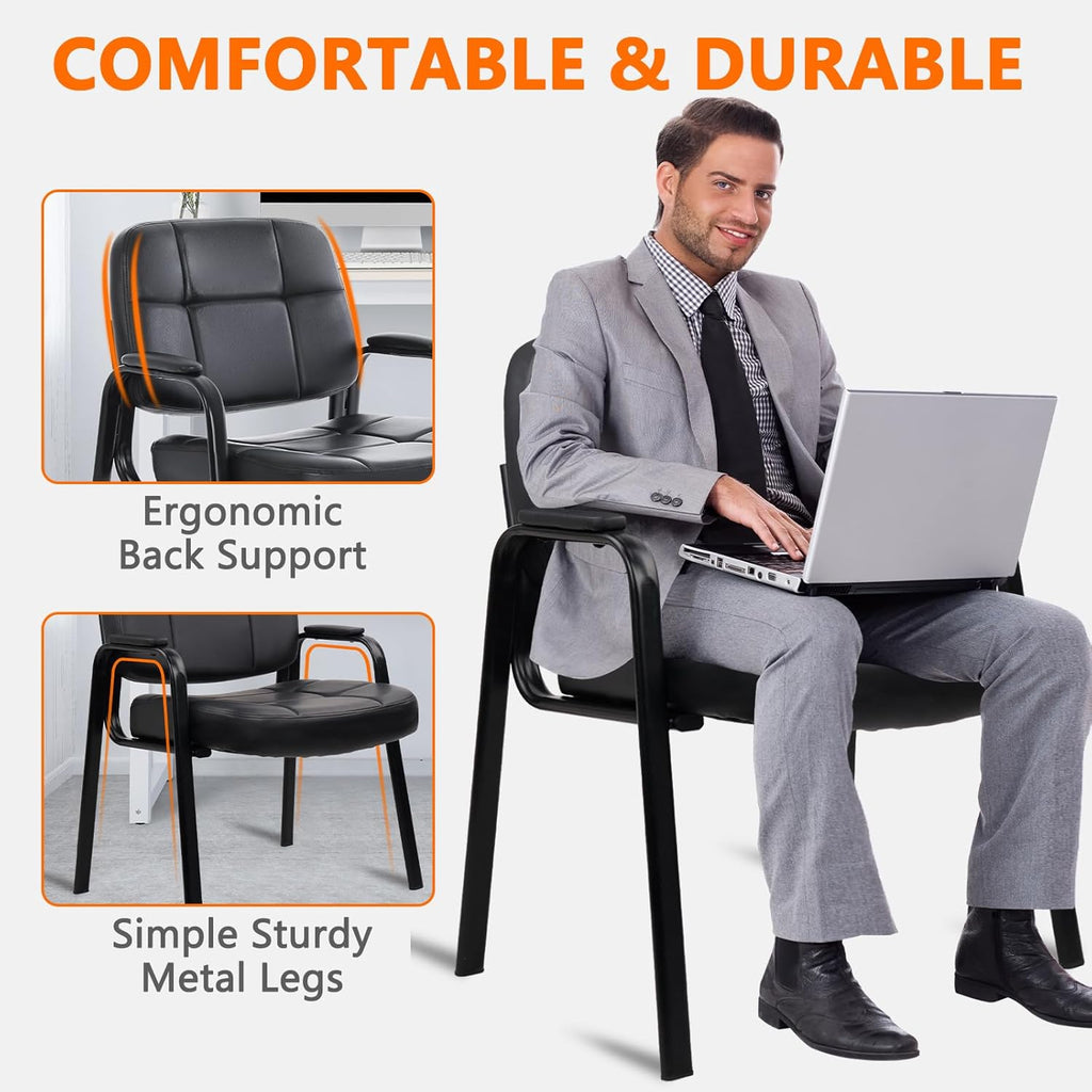 CLATINA Big and Tall 400 lbs Office Guest Chair, Leather Waiting Room Reception Chair No Wheels with Padded Arms for Elderly Home Meeting Conference Room Lobby Side Salon Clinic, Black 4 PK