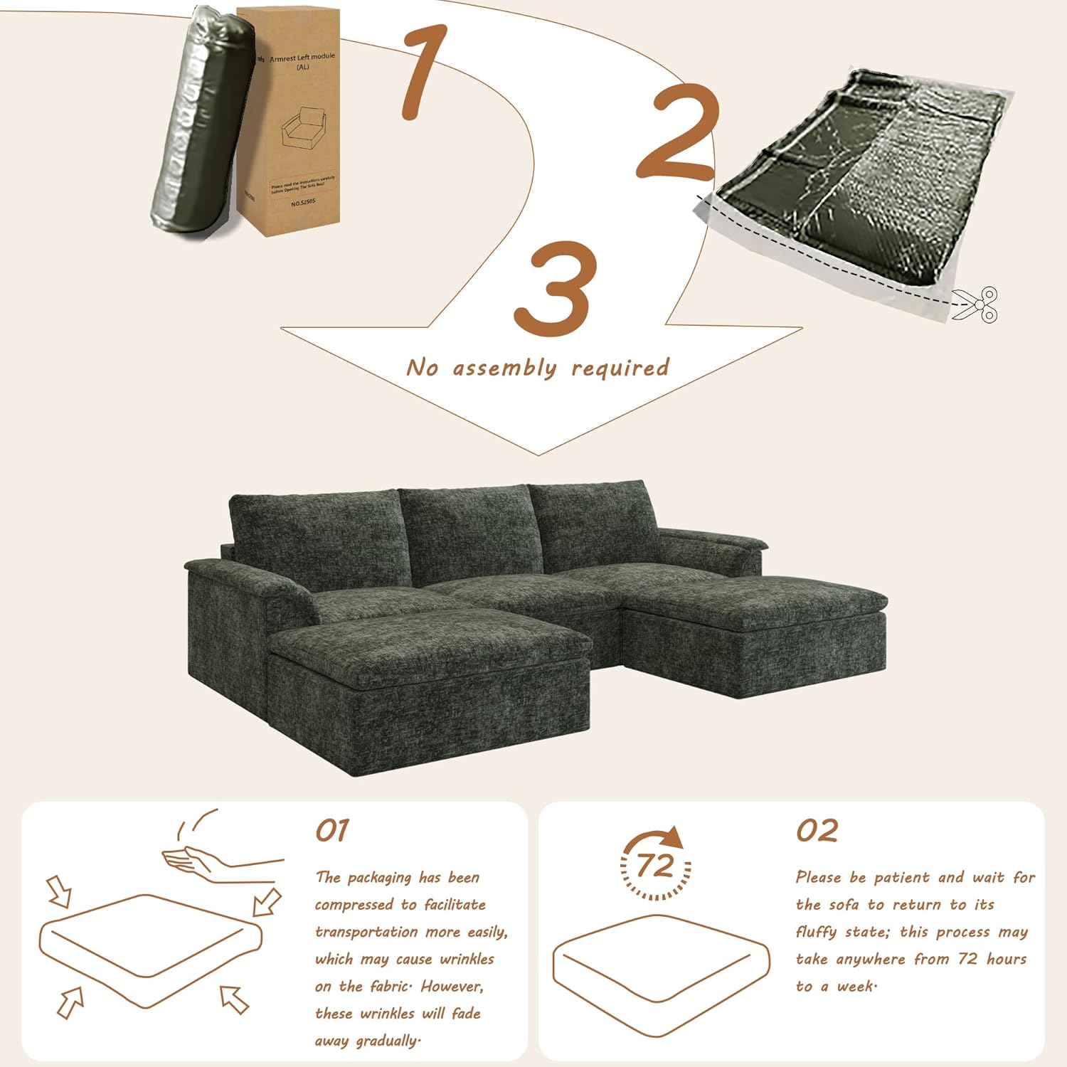 EASE MOOSE Oversized Cloud Sectional Boneless Couch for Living Room, Modern U-Shaped Modular Couch with Ottoman, Comfy Chenille Deep Seat Compressed Sofa, Green