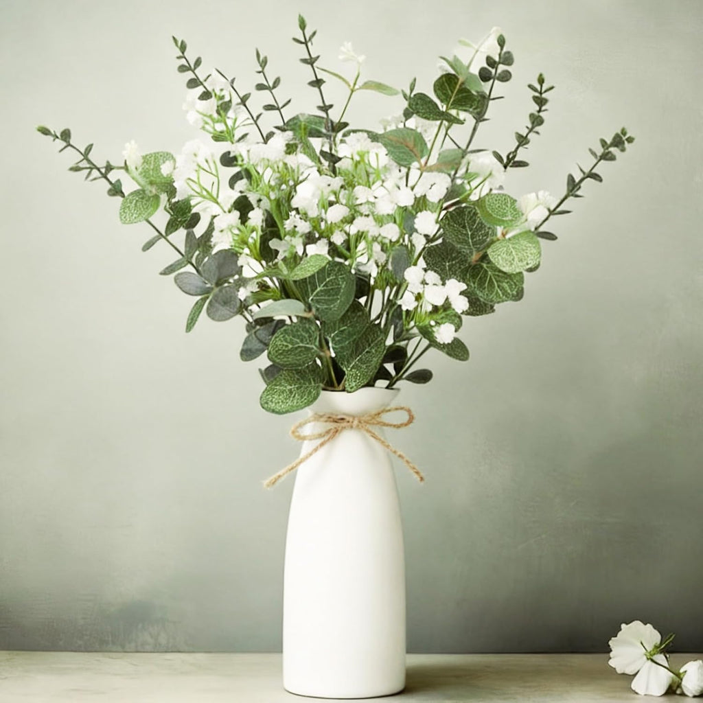 Artificial Flowers in Vase Set, Eucalyptus Stems and Baby’s Breath Bundle, Fake Plants Floral Arrangement with Ceramic Vase for Table Centerpiece Home Décor